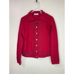Lord & Taylor Vintage Red 100% Wool Embroidered Christmas Cardigan Sweater Large